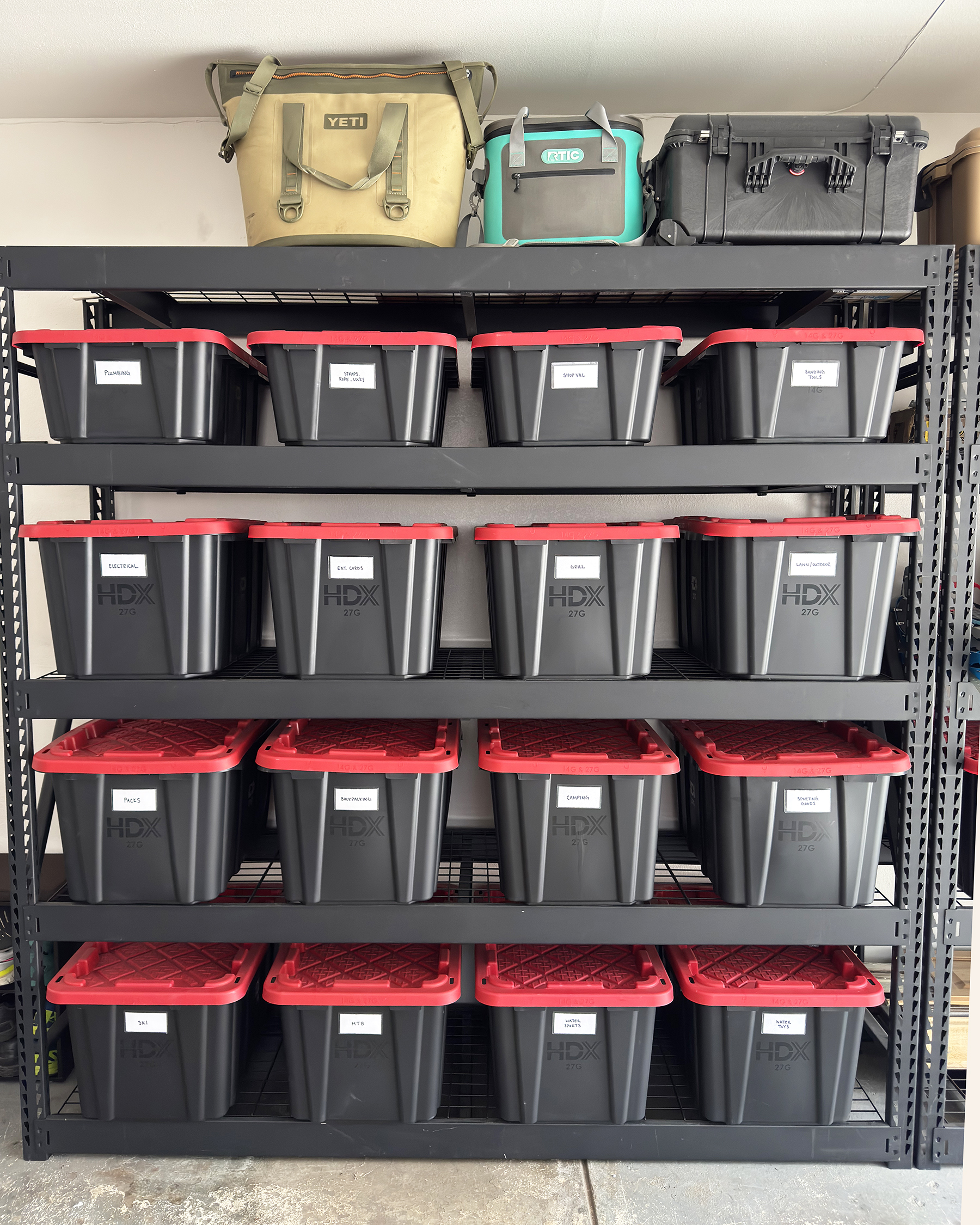 organized garage totes and shelving