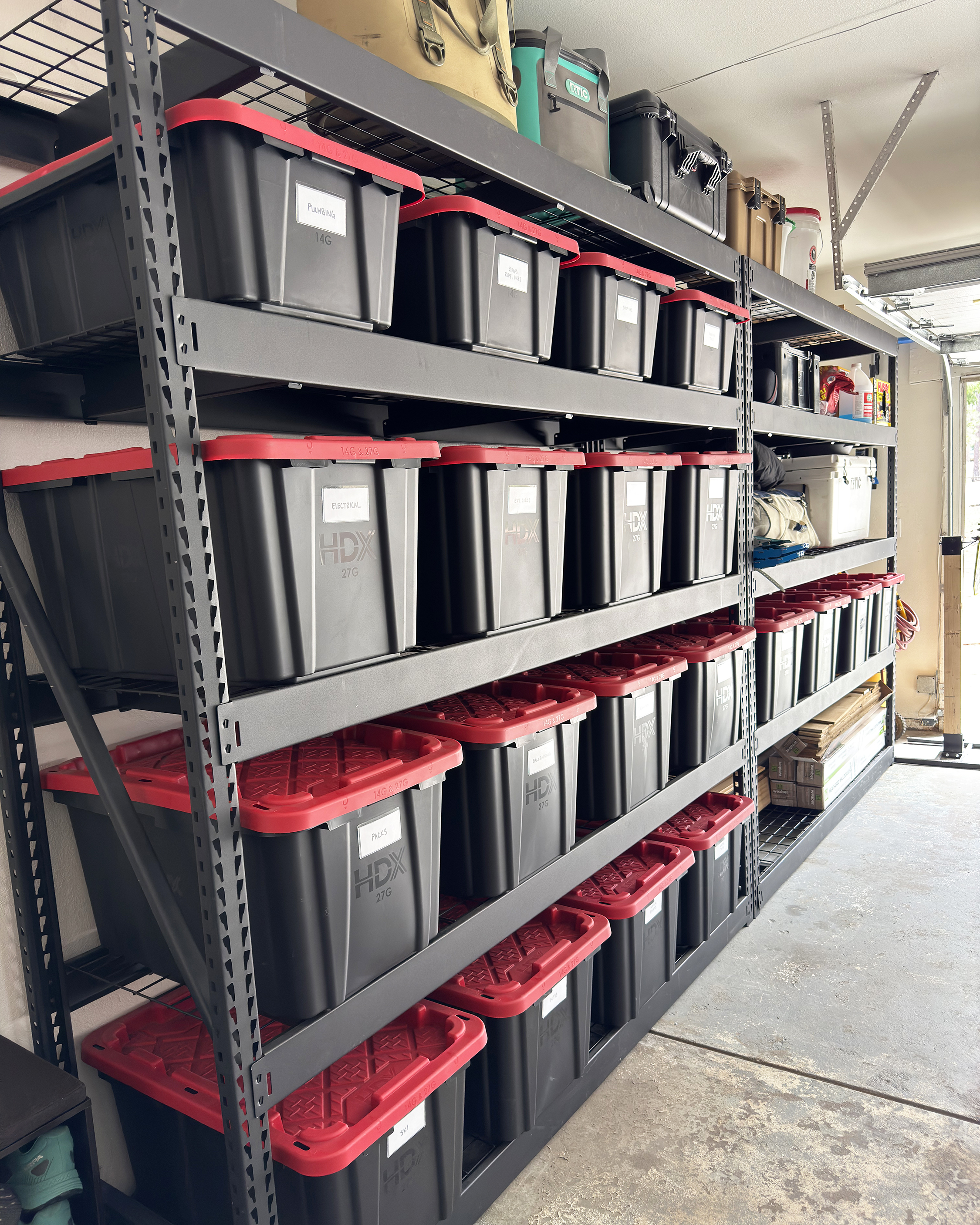organized garage totes and shelving