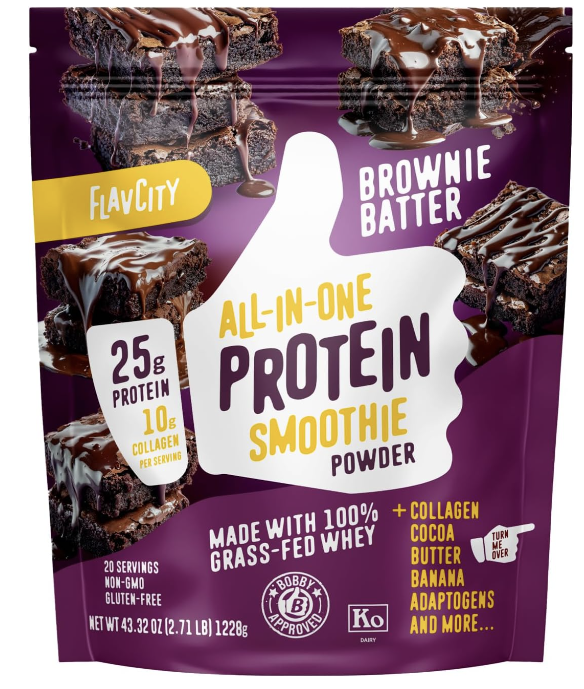 FlavCity Grass Fed Organic Whey Protein Powder, Brownie Batter